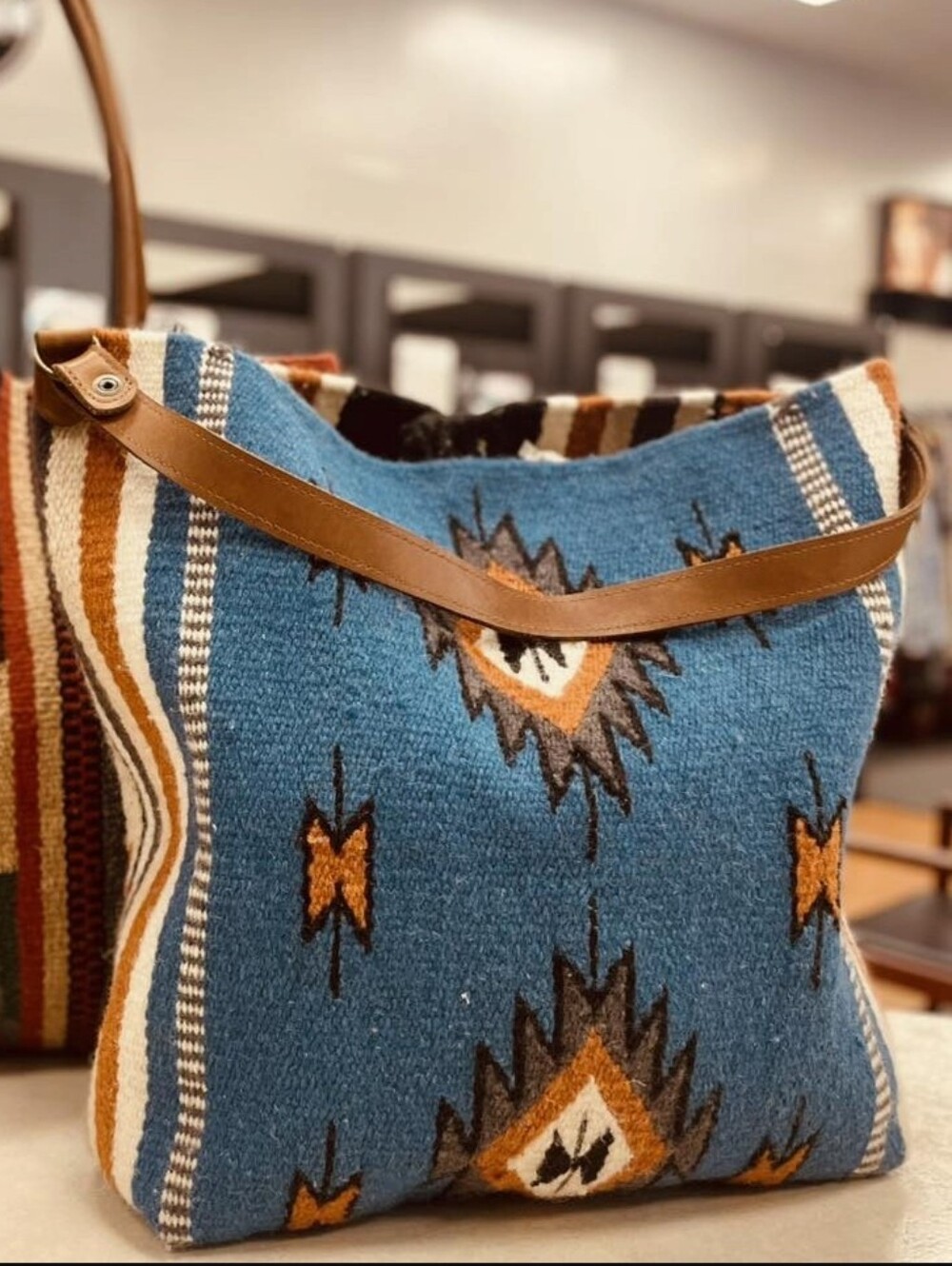 McFadin Two Bar West Woven Aztec-Pattern Large Shoulder Bag in Teal and Brown